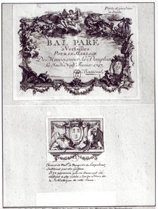 Inträdesbiljett till balen i Versailles för Monseigneur le Dauphins bröllop den 9 februari 1747 och Ex Libris med Madame de Pompadours vapen (1721-64)